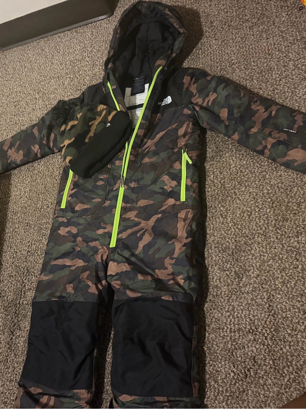The North Face Kids Camo One-Piece Snowsuit with Neon Green Zippers